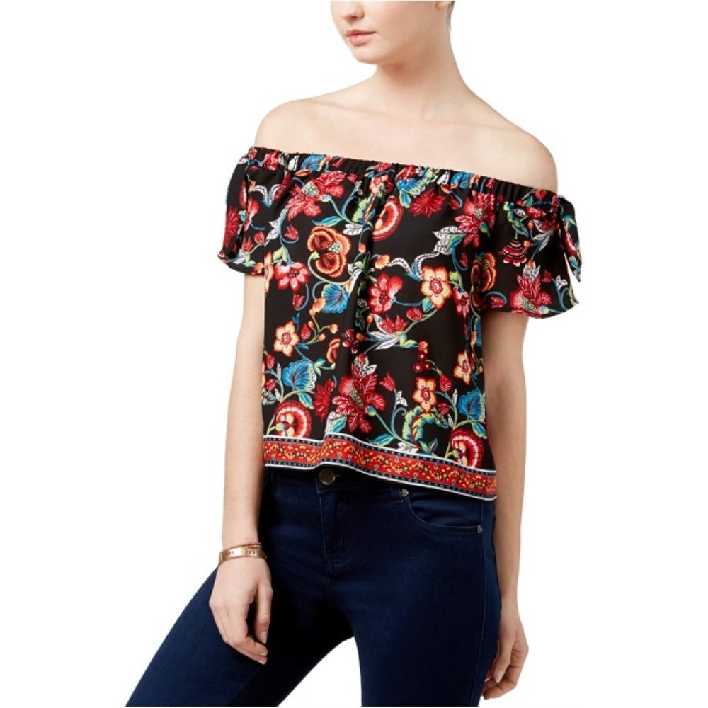 NWT BCX A. Byer Floral Off Shoulder Womens Tie Sleeve Knit Blouse
